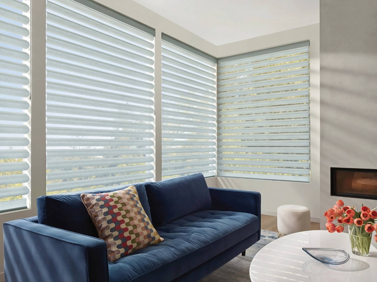 Hunter Douglas Pirouette® Sheer Shades on windows in a cozy living room with a navy couch at all about blinds near johnson city, Tennessee (TN)