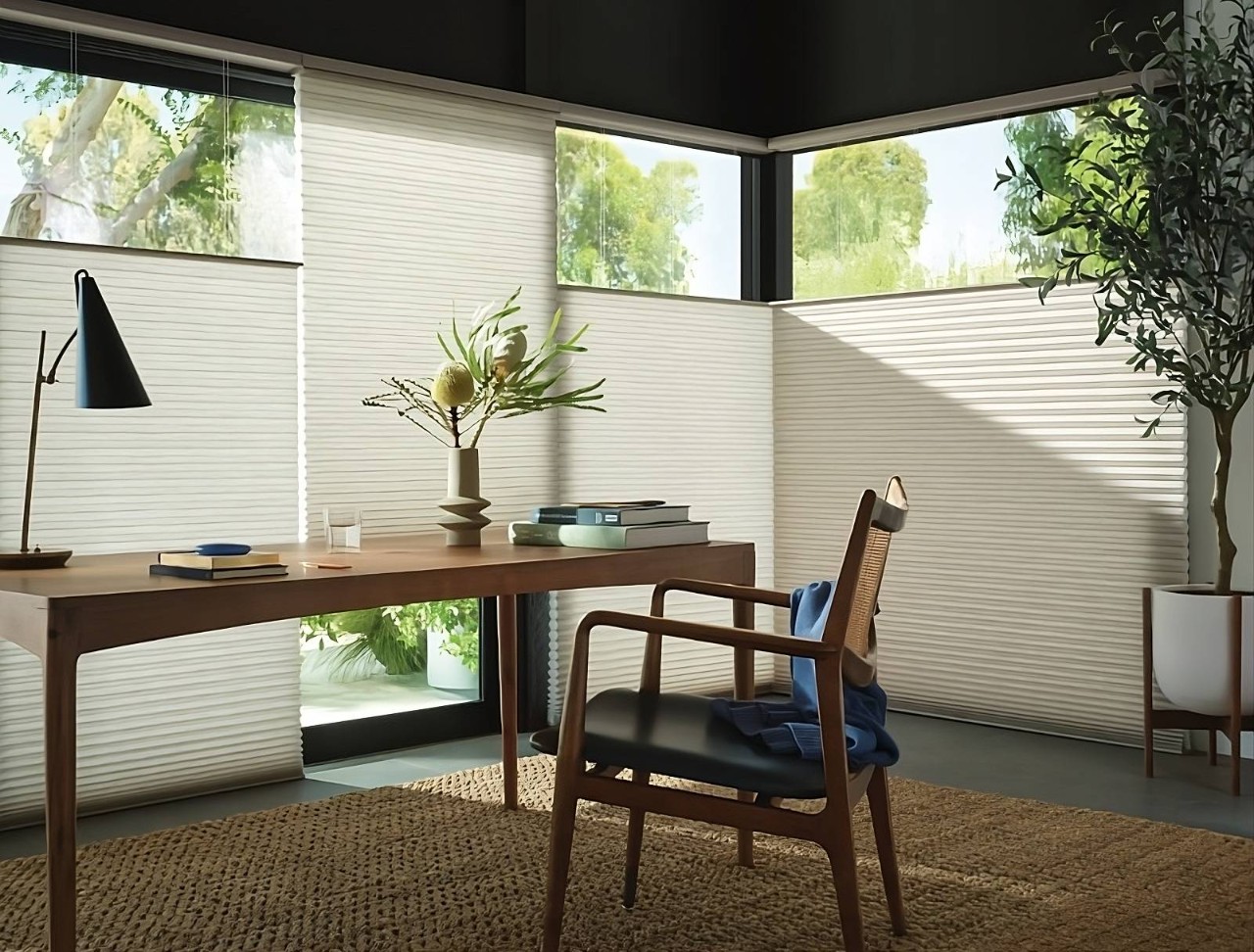 Hunter Douglas Duette® Cellular Shades on large windows in a home office at All About Blinds near Johnson City, TN