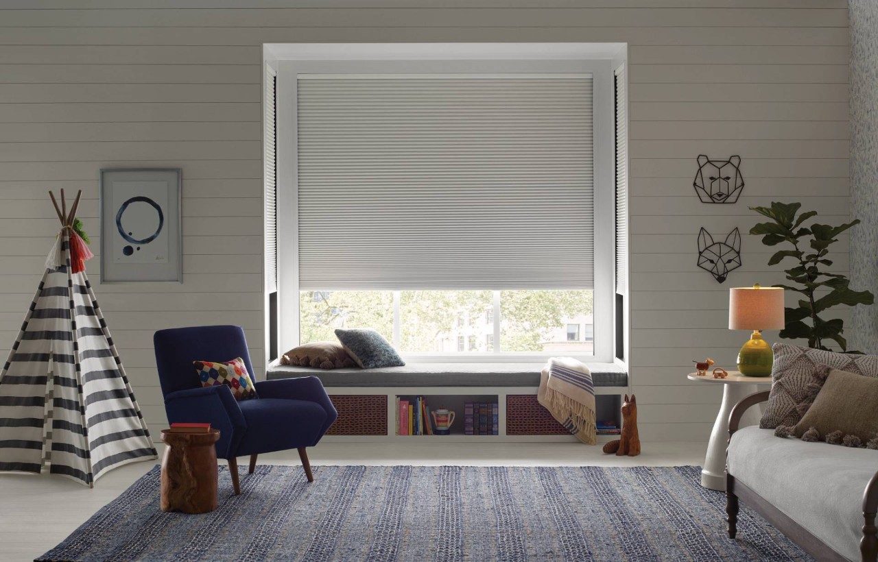 Stylish and energy-efficient Hunter Douglas Duette® Cellular Shades on a large window in a child's bedroom at All About Blinds JC near johnson city, Tennessee (TN)
