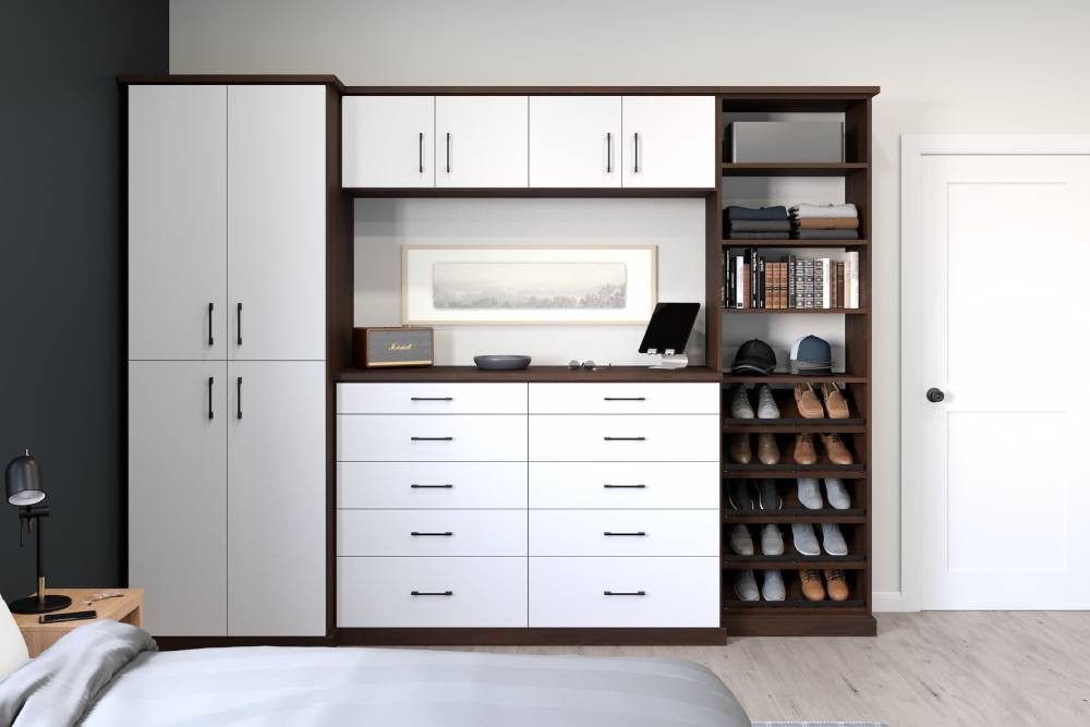 Dark brown and white custom closet with shoe rack, bookshelf, and many white drawers in a home bedroom at All About Blinds near Johnson City, Tennessee (TN)