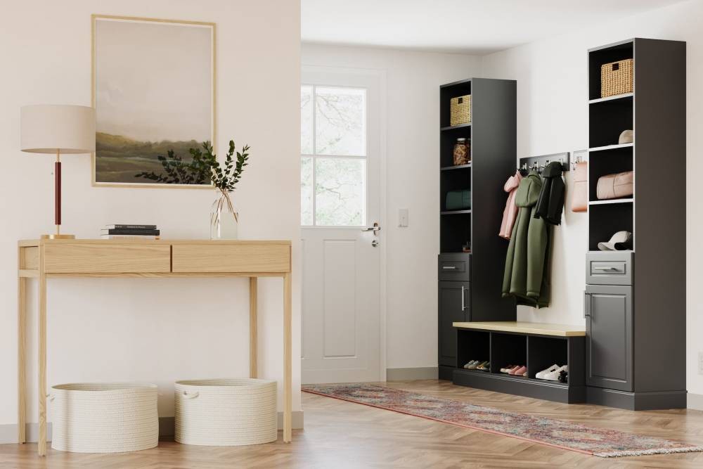 Black custom closet in a home foyer storing shoes, jackets, and other things at All About Blinds near Johnson City, Tennessee (TN)