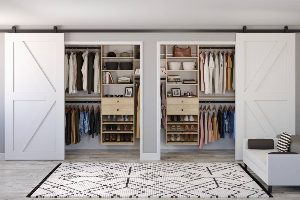 Custom Dual closet with shoe racks and barn-style doors at All About Blinds near Johnson City, Tennessee (TN)